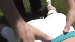 A cum shot on the breast of a beautiful busty brunette