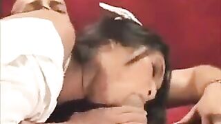 Asian nurse gets fucked on the couch in her uniform