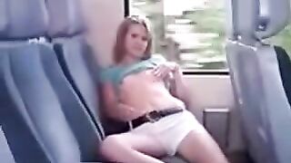 On the bus, ironing her cunny through panties began