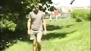 Man caresses his cock in the hayloft