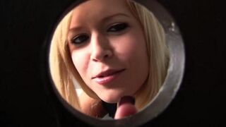 Blonde woman sucked a dick through a hole in the toilet bowl cover