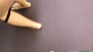 The cute blonde girl sucks cock with her big beautiful breasts