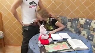 The lesson didn't go well, so they fucked in the kitchen