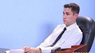 Two girls are getting fucked by a guy at an interview in this hot video
