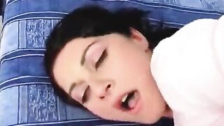 Hot brunette gets her face covered with cum after anal sex