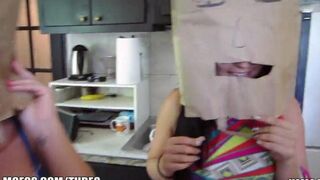 Girls are wearing shopping bags on their heads and having sex