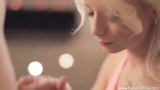 Blonde beauty gives a blowjob in the studio