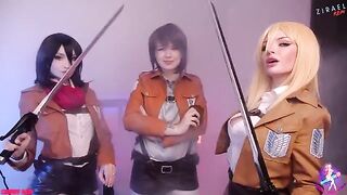Cosplay lesbian threesome with Mikasa, Sasha, and Historia, featuring intense pussy licking and fucking