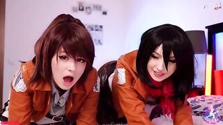 Cosplay lesbian threesome with Mikasa, Sasha, and Historia, featuring intense pussy licking and fucking