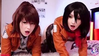 Cosplay lesbian threesome with Mikasa, Sasha, and Historia, featuring intense pussy licking and fucking