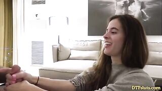 Fit slut Abbie Maley gets her tight pussy railed on the couch
