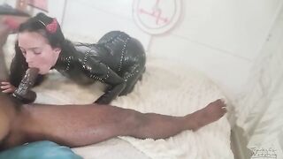 Petite succubus masturbates herself with a thick dick on Halloween in a hot latex bodysuit