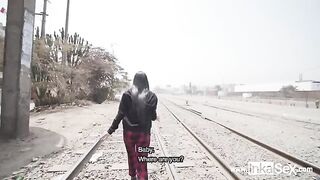 Peruvian guy screwed petite brunette Venezuela model near train line