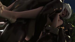 2B experiences intense action in a night setting, pushed to her limits Nier Automata