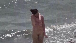 Nudist couple enjoys romantic sex on a beautiful beach. A lot of passion!