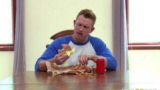 Husband watches his wife fucking herself with a cucumber