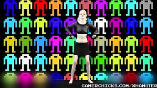 A sexy girl is dancing a striptease in front of a crowd of guys