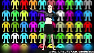A sexy girl is dancing a striptease in front of a crowd of guys