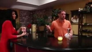 Sexy brunette with fake tits fucks with a bartender in the bar