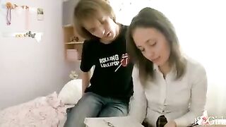 A hot student has entertainment with her classmate at home
