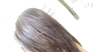 First-person sex with a young brunette, natural tits and passion on the bed