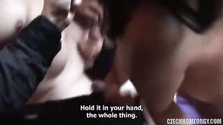 A drunk pregnant woman joins her friends in a wild homemade group scene