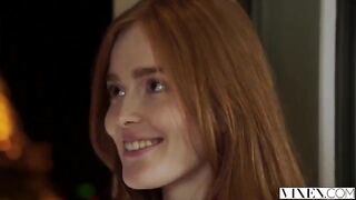 The guy thoroughly licked the red-haired woman's moustache before fucking