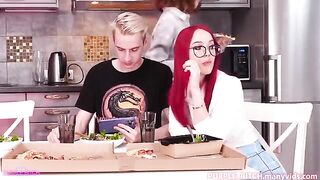 The girl has an awesome sex with a guy in the kitchen