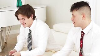 Two cute girls in glasses secretly fuck with guys in a hotel room