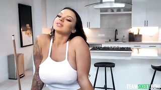 Shooting balls for big boob photos with a brunette beauty