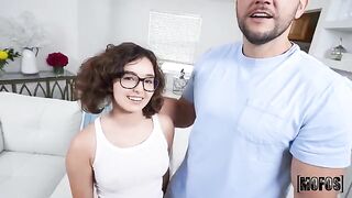 Leana’s feet don’t touch the ground, she gives a deep blowjob