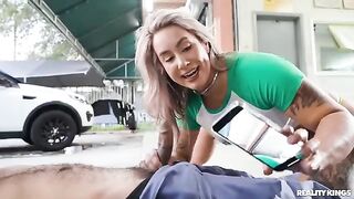 A woman gets her pussy fucked by a mechanic after squirting