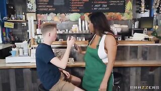Big Titty Barista: a girl with big tits working as a barista in a coffee shop