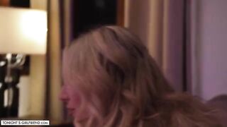 Busty blonde Kayley Gunner gives foot job through stockings