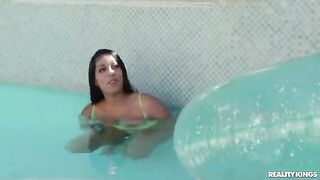 A girl received swimming lessons from a coach in the pool, but things got steamy