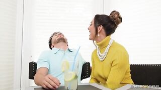 Suburban woman gets a messy blowjob and cums on her dress