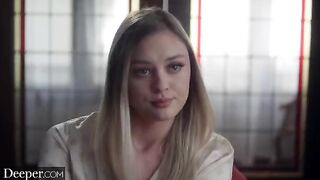 A hot chick, gorgeous Amber Moore, is fucking with a guy in the suit