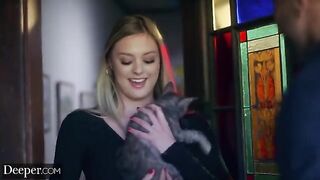 A hot chick, gorgeous Amber Moore, is fucking with a guy in the suit