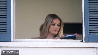 A hot chick, gorgeous Amber Moore, is fucking with a guy in the suit
