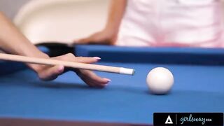 A busty MILF teaches her young friend to play billiards and more