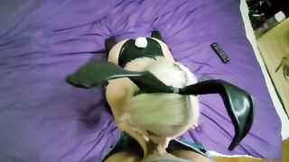 A bunny girl sucks cock and balls, while her mom is in the room