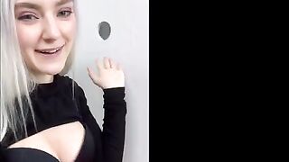 The slutty girl got a huge cumshot on her face through the glory hole