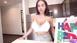 Busty stepmom Victoria June satisfies her stepson’s birthday wishes with a massive tit and a sex toy