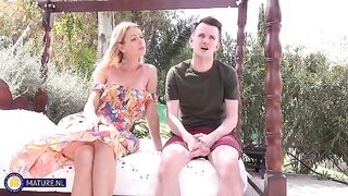 Romantic sex on nature with a hot blondie and her juicy lips
