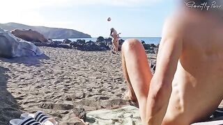 Two girls nearly got caught jerking off on the nude beach