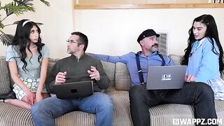 A group of young beautiful girls gave the stepfather a party on the couch