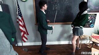 A girl in a dirty role play gets fucked by a bunch of guys