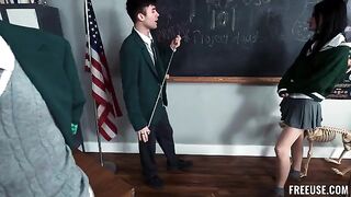 A girl in a dirty role play gets fucked by a bunch of guys