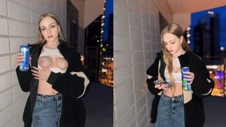 The cute girl showed her skills for the sake of a refreshing drink