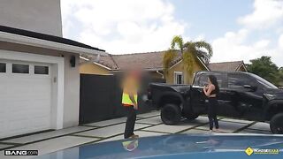 A hot girl has sex with her boyfriend in the garage, it was awesome!